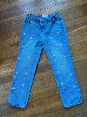 Blue Straight-Leg Women's Jeans with Decorative Pearl Stars